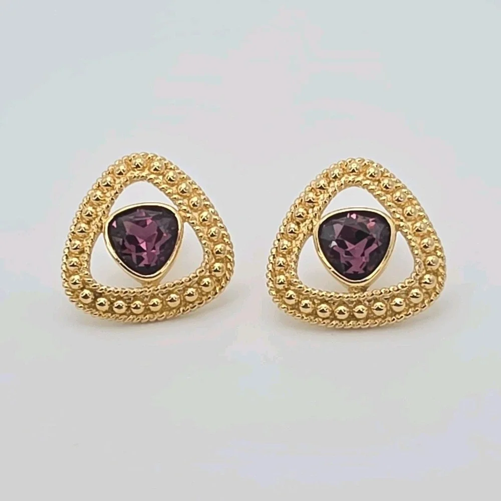 Vtg Signed SWAROVSKI Triangular Earrings Clip-On Amethyst Crystal 18k Gold Plate - Picture 7 of 14